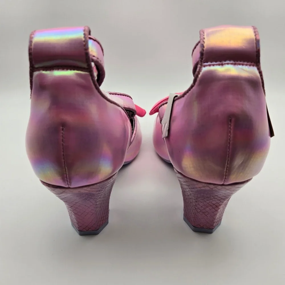 Irregular Choice NEW Summer Breeze Pink Holographic Iridescent W/Bows Sz 39 US 8